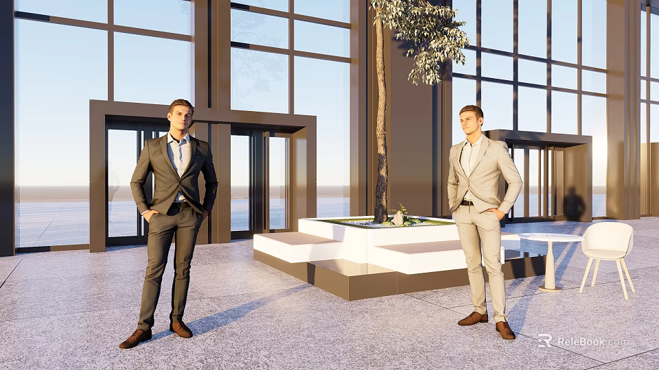 Two Men Wearing Suits Standing in Modern Building Lobby With Large Windows and Tree Planter 3d model 