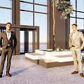 Two Men Wearing Suits Standing in Modern Building Lobby With Large Windows and Tree Planter