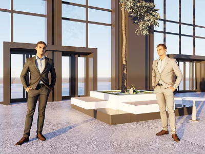 Two Men Wearing Suits Standing in Modern Building Lobby With Large Windows and Tree Planter 3d model