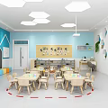 Kindergarten Classroom Interior With Hexagonal Wall Decor Tables And Piano 3d model