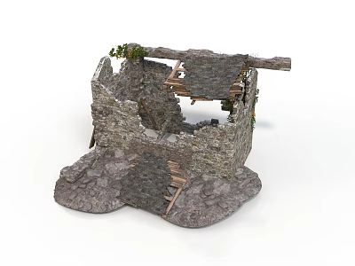 Ancient Stone Architectural Structure With Ruined Walls Wooden Beams And Stairs 3d model