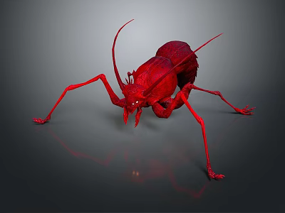 Red Insect With Long Legs And Antennae On Gray Background With Reflection 3d model