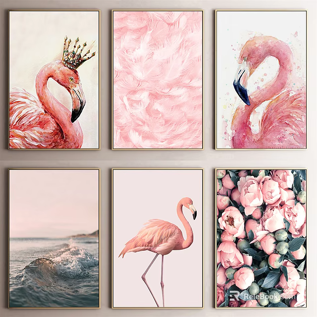 Decorative Wall Art Prints With Flamingo Pink Feathers Seascape And Flowers 3d model 