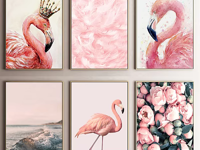 Decorative Wall Art Prints With Flamingo Pink Feathers Seascape And Flowers 3d model