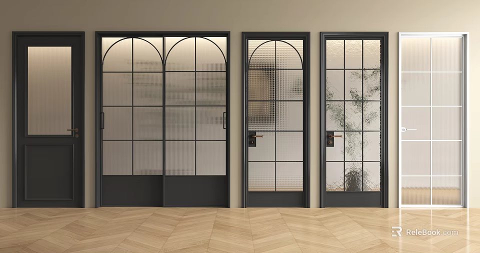 Modern Black Frame Casement Doors With Glass Panels And Grid Pattern Designs 3d model