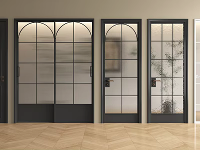 Modern Black Frame Casement Doors With Glass Panels And Grid Pattern Designs 3d model