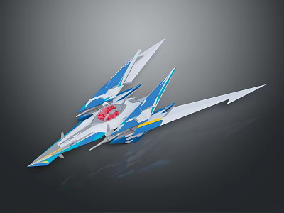 Futuristic Sci Fi Spaceship With Blue White Color Sharp Wings Red Core And Yellow Accents 3d model