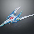 Futuristic Sci Fi Spaceship With Blue White Color Sharp Wings Red Core And Yellow Accents