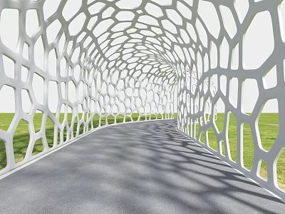Modern White Honeycomb Design Pergola With Green Grass Gray Path And Sunlight Shadows 3d model