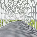 Modern White Honeycomb Design Pergola With Green Grass Gray Path And Sunlight Shadows