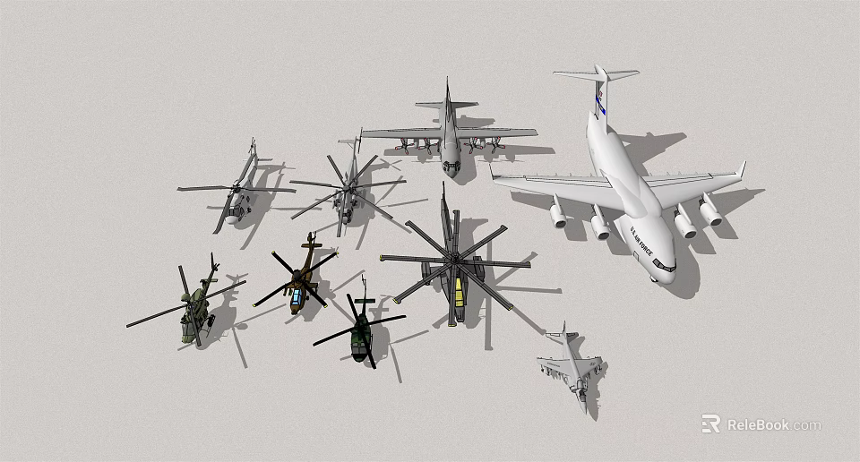 Assorted Aircraft Models Featuring Helicopters Transport Plane And Fighter Jets 3d model 