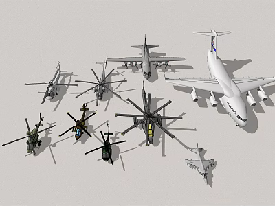 Assorted Aircraft Models Featuring Helicopters Transport Plane And Fighter Jets 3d model