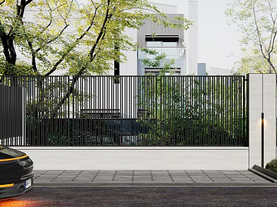 Modern Building Exterior Wall With Black Metal Grille Green Plants And Tree Surroundings 3d model