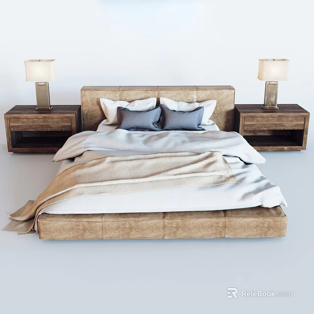 Modern Double Bed Setup With Nightstands Table Lamps Pillows And Blankets 3d model