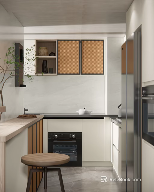Modern Kitchen Interior With Woven Door Cabinets Stone Countertop And Appliances 3d model 