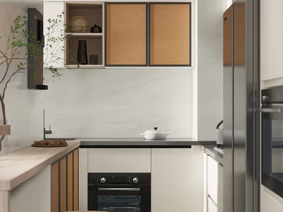 Modern Kitchen Interior With Woven Door Cabinets Stone Countertop And Appliances 3d model