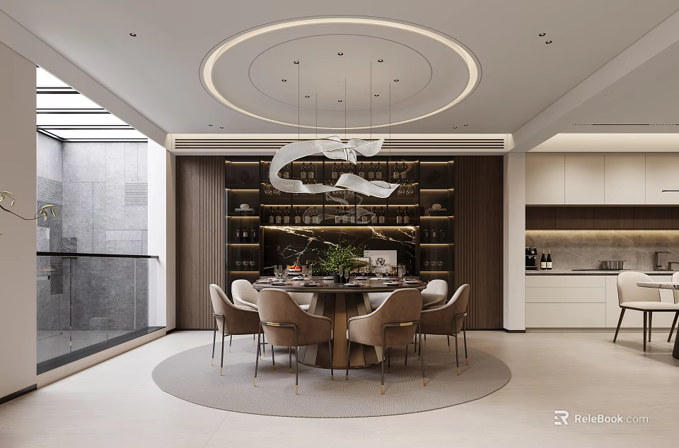 Modern Restaurant Interior Design With Round Dining Table Chairs Pendant Lights And Wine Racks 3d model 