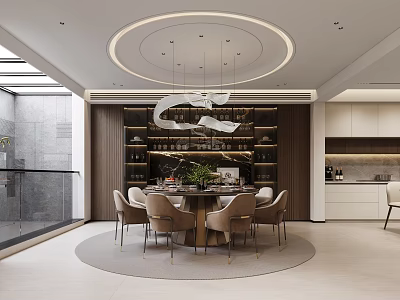 Modern Restaurant Interior Design With Round Dining Table Chairs Pendant Lights And Wine Racks 3d model
