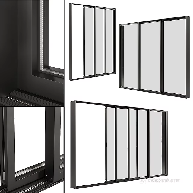 Modern Sleek Casement Windows With Black Frame And Multi Glass Panels Design 3d model 