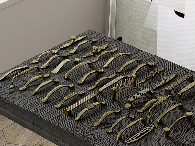 Brass Cabinet Door Handles With Various Designs Displayed On Wooden Board 3d model