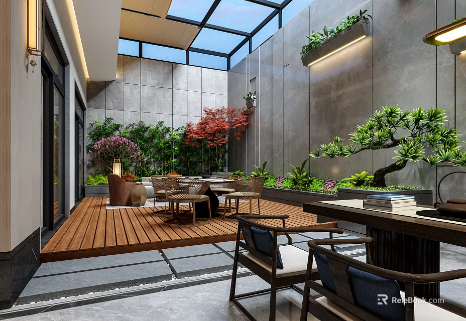 Tranquil Garden Landscape With Glass Roof Wooden Deck Tables Chairs Green Plants Red Maple Tree 3d model 
