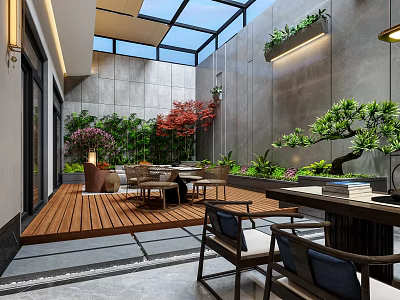 Tranquil Garden Landscape With Glass Roof Wooden Deck Tables Chairs Green Plants Red Maple Tree 3d model