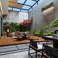 Tranquil Garden Landscape With Glass Roof Wooden Deck Tables Chairs Green Plants Red Maple Tree