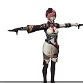 Game and Movie Character in Ornate White Gold Outfit with Black Long Boots Arms Outstretched