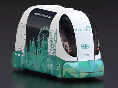 Futuristic Autonomous Vehicle Design With Cityscape Graphics And GATEway Branding 3d model