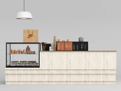 Light Wooden Bar Counter With White Pendant Light Glass Display Case And Coffee Packages 3d model