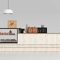 Light Wooden Bar Counter With White Pendant Light Glass Display Case And Coffee Packages