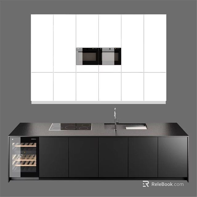 Modern Kitchen With White Upper Black Lower Cabinets Sink Countertop Oven And Wine Rack 3d model 