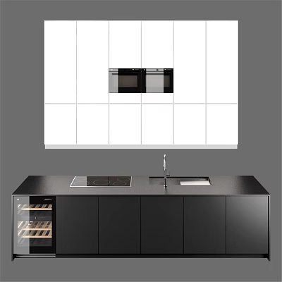 Modern Kitchen With White Upper Black Lower Cabinets Sink Countertop Oven And Wine Rack 3d model