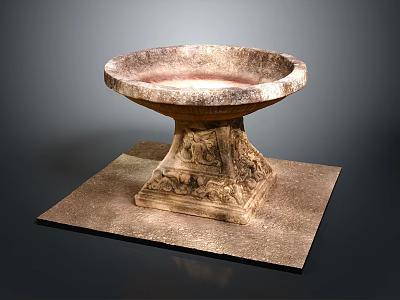 Ornate Ancient Stone Bowl With Intricate Carved Pedestal On Square Base 3d model