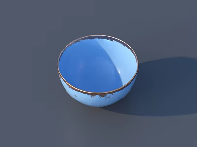 Hand Carved Blue Ceramic Bowl With Worn Edges On Gray Background 3d model