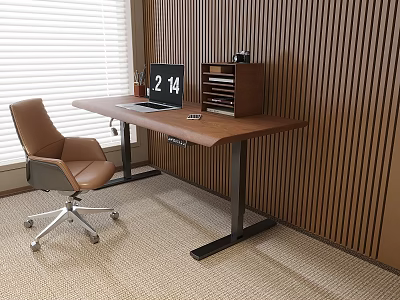 Wooden Desk With Black Metal Legs Laptop Phone Brown Leather Chair And Wooden Slat Wall 3d model