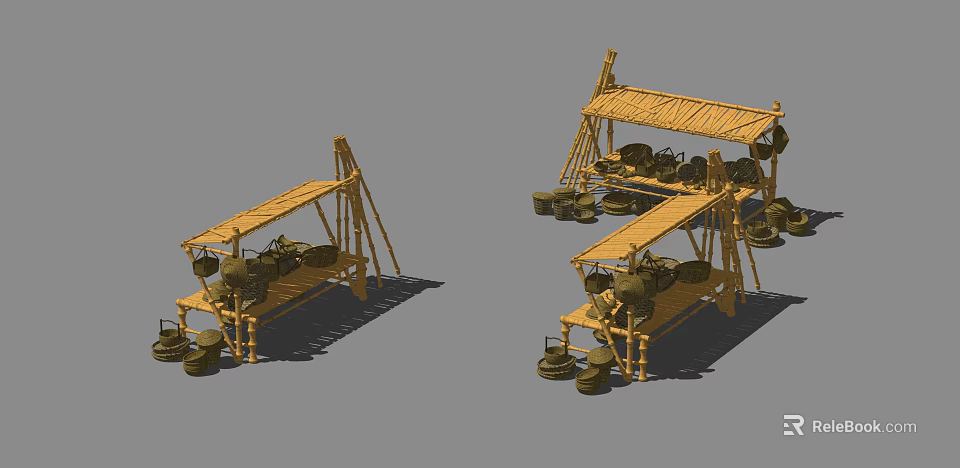 Cartoon Scene With Bamboo Racks Hanging Baskets And Containers 3d model