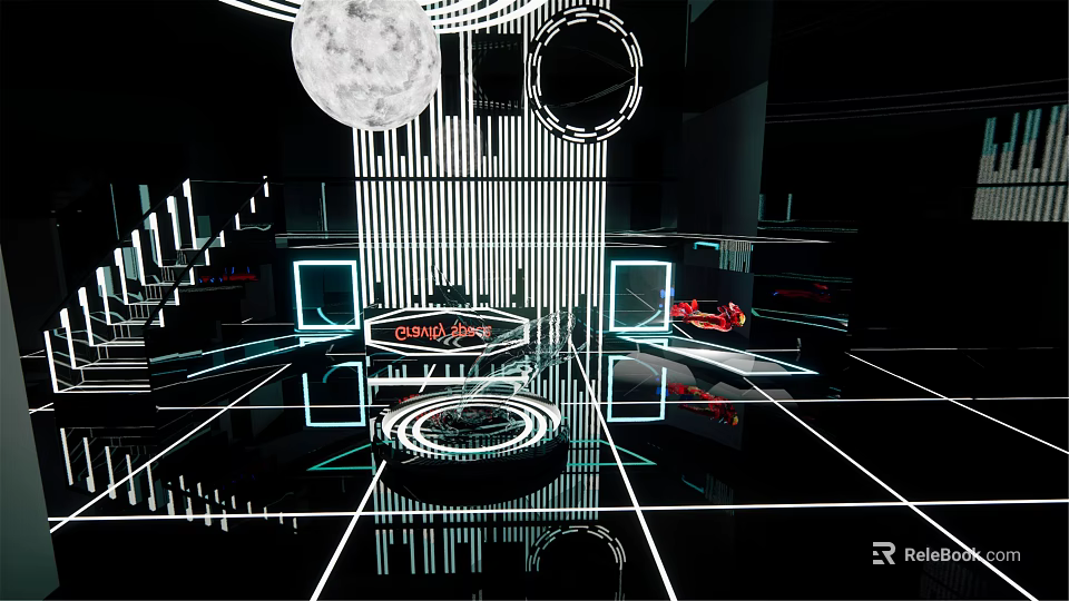 Modern Store Front Desk Interior With Geometric Lighting And Reflective Floor 3d model