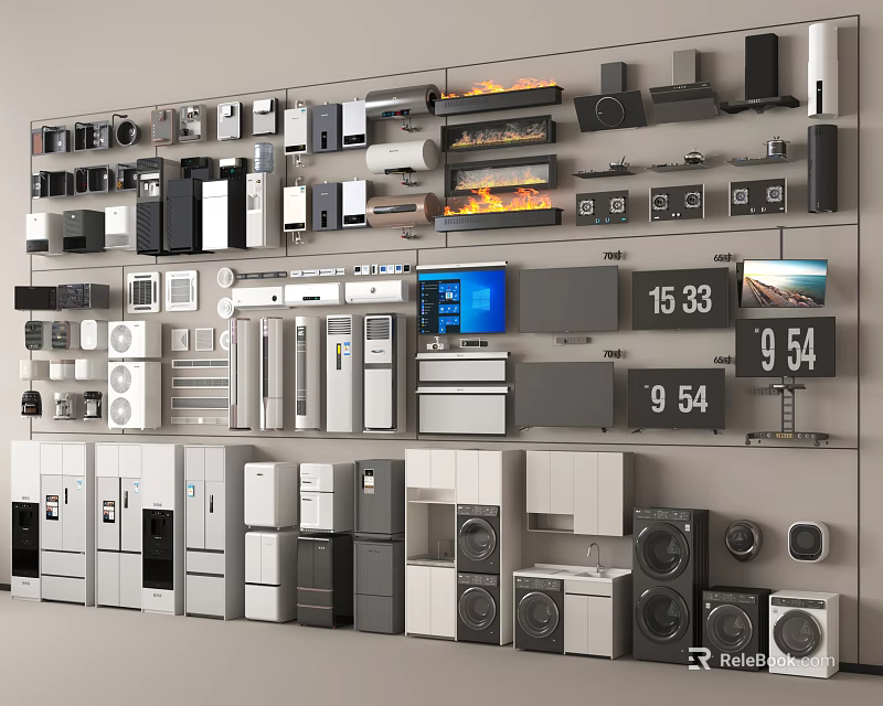 Various Household Appliances Showcased On Wall Including Refrigerators TVs Washing Machines And Ovens 3d model 