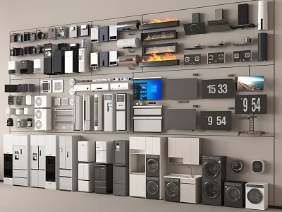 Various Household Appliances Showcased On Wall Including Refrigerators TVs Washing Machines And Ovens 3d model