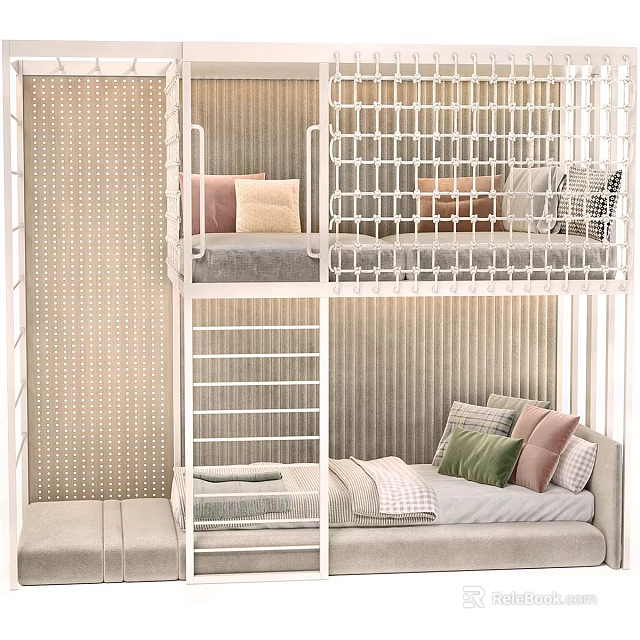 Modern Bunk Bed With White Frame Ladder Mattress And Pillows On Woven Texture Wall 3d model 