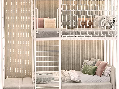 Modern Bunk Bed With White Frame Ladder Mattress And Pillows On Woven Texture Wall 3d model
