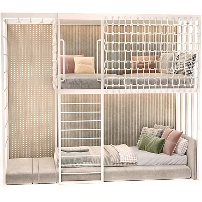 Modern Bunk Bed With White Frame Ladder Mattress And Pillows On Woven Texture Wall 3d model