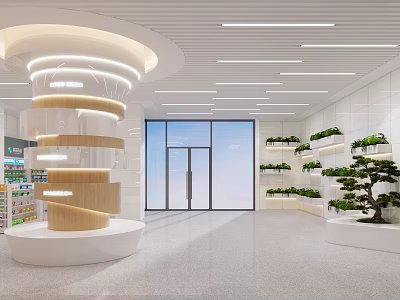 Bright Modern Interior Space With Spiral Structure Large Windows Ceiling Lights And Green Plant Shelves 3d model