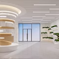 Bright Modern Interior Space With Spiral Structure Large Windows Ceiling Lights And Green Plant Shelves
