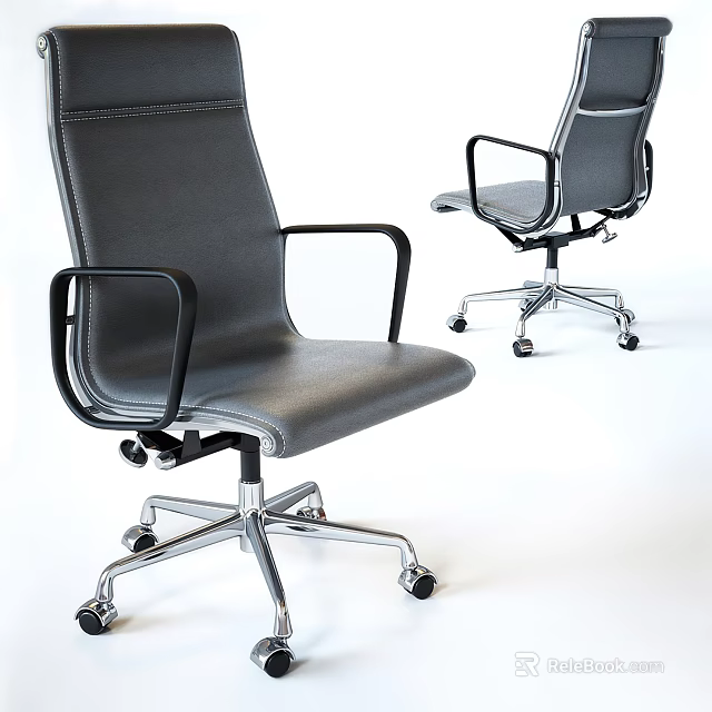 Modern Gray Office Chair With Black Armrests And Swivel Rolling Metal Base Design 3d model 