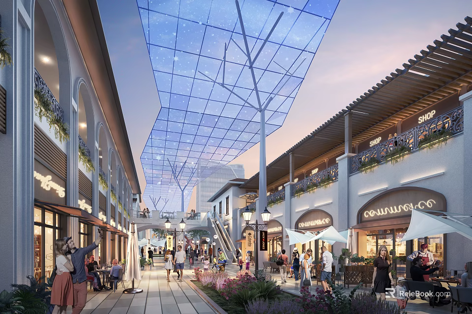 Bustling Commercial Street With Glass Skylight Shops Pedestrians And Outdoor Seating 3d model 