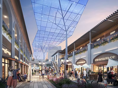 Bustling Commercial Street With Glass Skylight Shops Pedestrians And Outdoor Seating 3d model