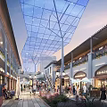 Bustling Commercial Street With Glass Skylight Shops Pedestrians And Outdoor Seating