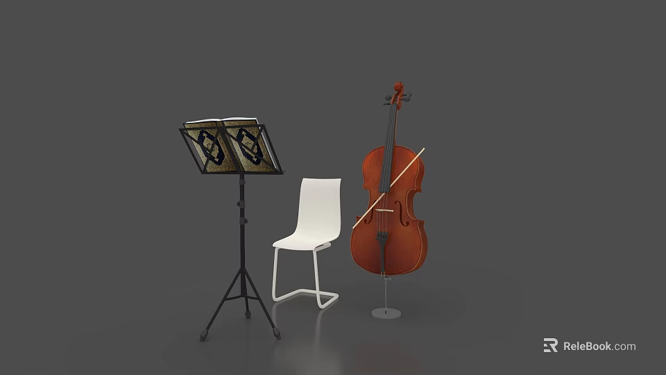 Elegant Display Island Featuring Music Stand White Chair And Cello Setup 3d model 